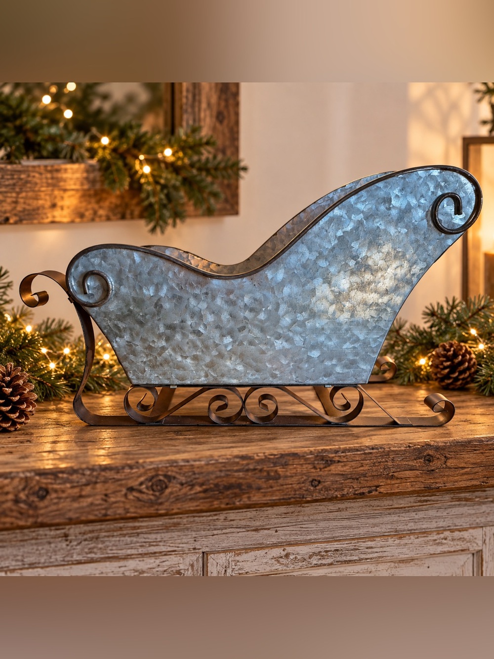 Galvanized Metal Christmas Sleigh with Scroll Runners